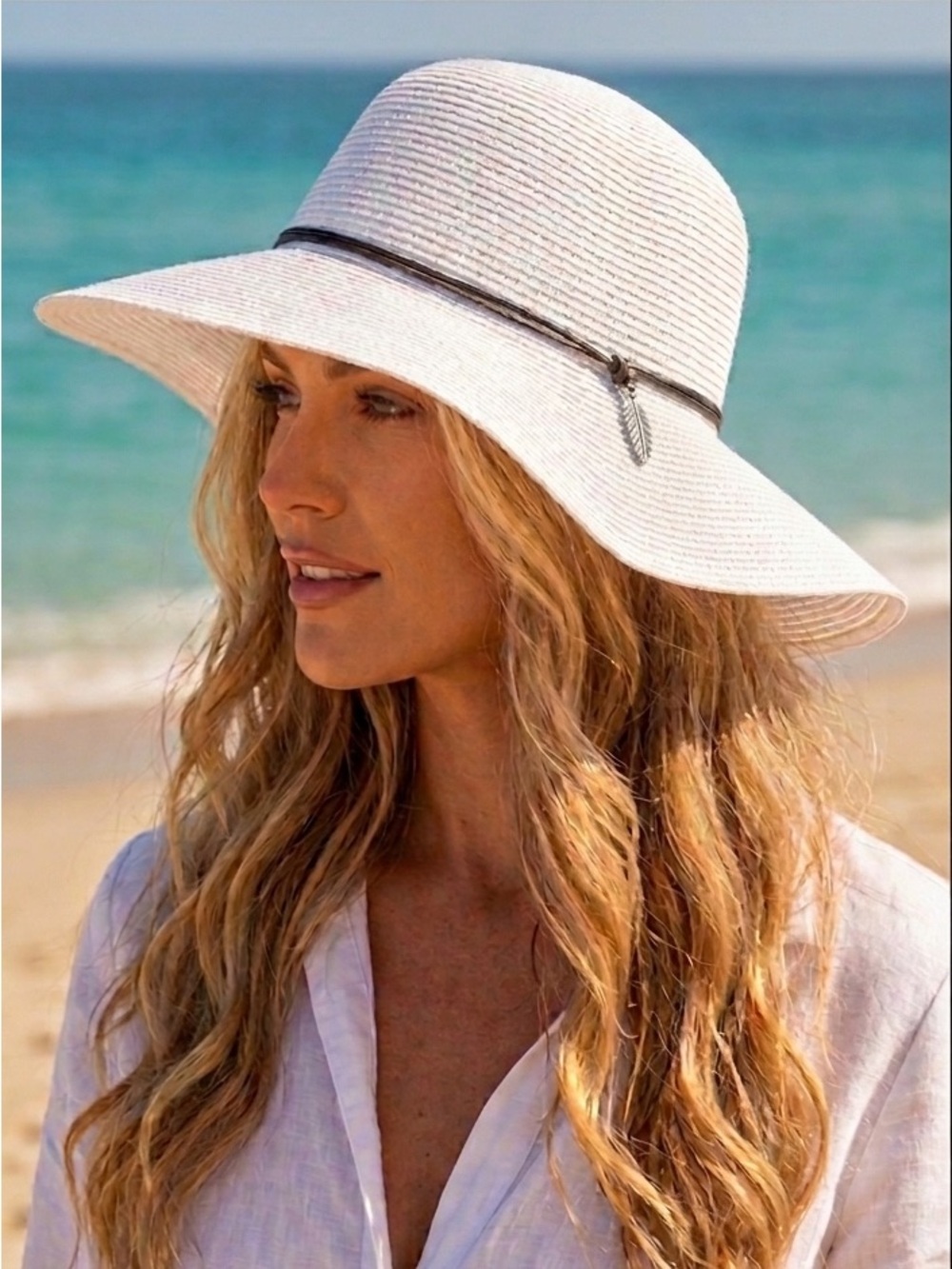 HATS HOUSE OF LAFAYETTE SEXY WHITE BRIM HAT - with feather charm - Picture 1 of 5